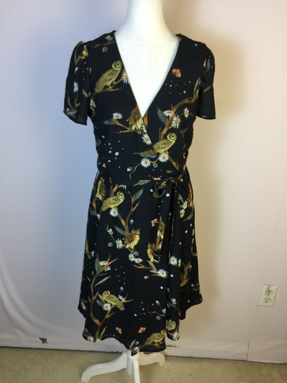 eShakti Wrap Dress Size S/4 Womans Black Bird Owl Print Short Sleeve Tie Waist